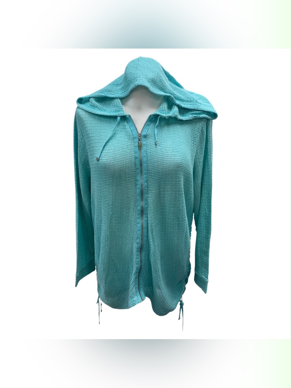 SPANNER Teal Waffle-Knit Hooded Zip Cardigan Size L